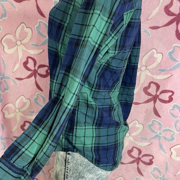 Y2k Old Navy Boyfriend Flannel Blue Green Plaid Size Small 07/14 - Picture 9 of 9